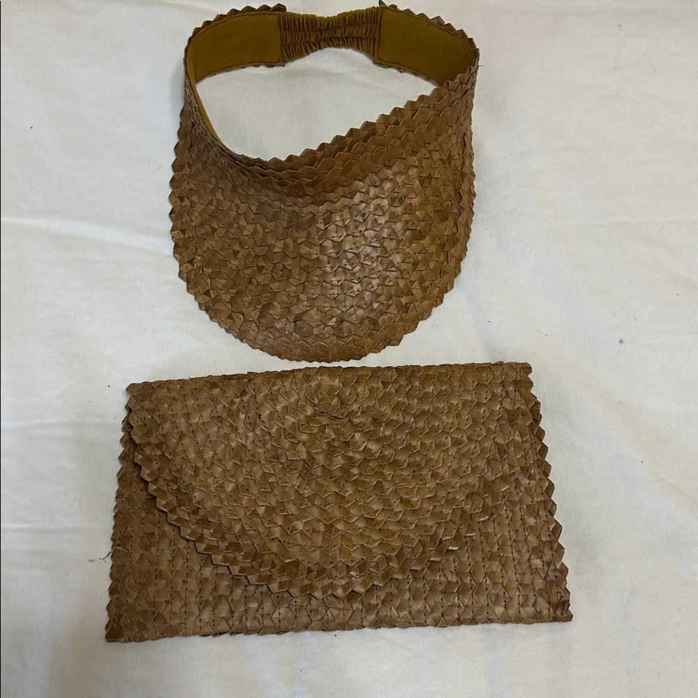 Woven Brown Visor and Clutch Set